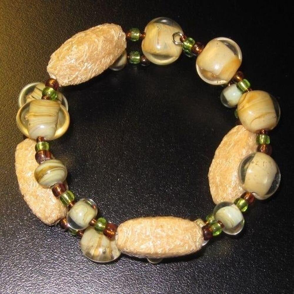 Green/Brown Lampwork Glass & Wood Wrap Bracelet